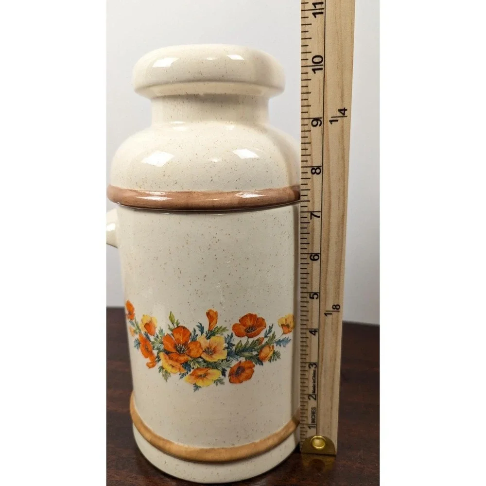 Vintage Ceramic Floral Canister Poppy Decal Speckled Glaze
